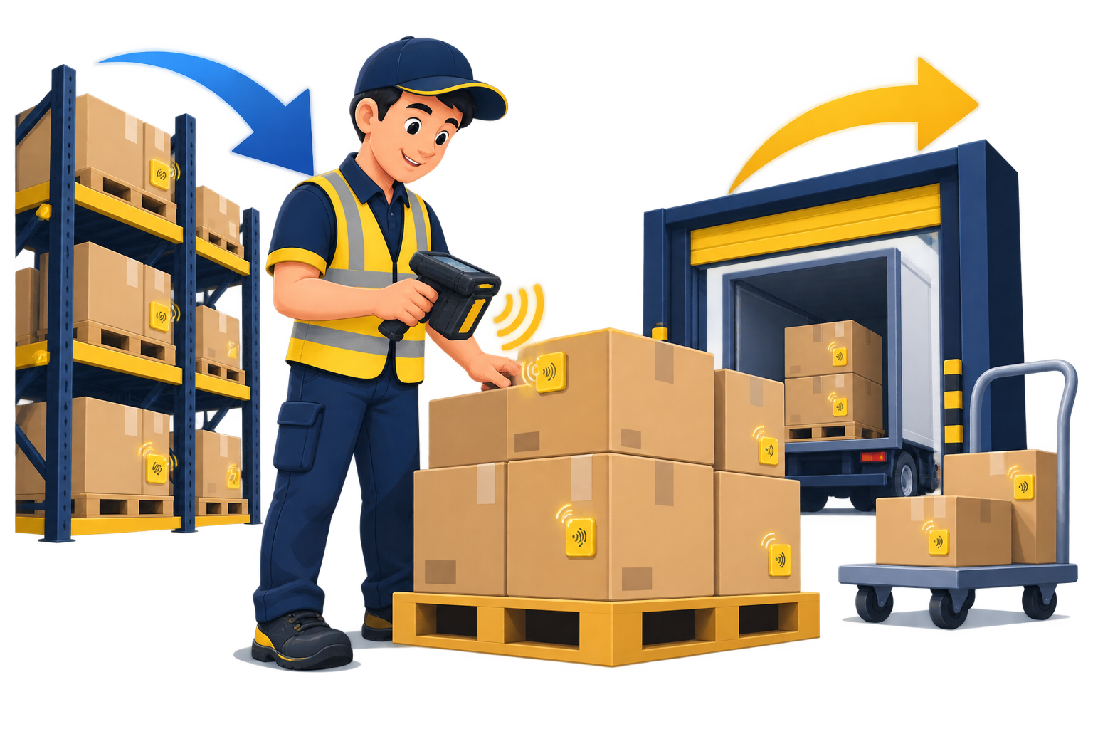 Nhân viên quét chip RFID khi nhập và xuất hàng tại kho